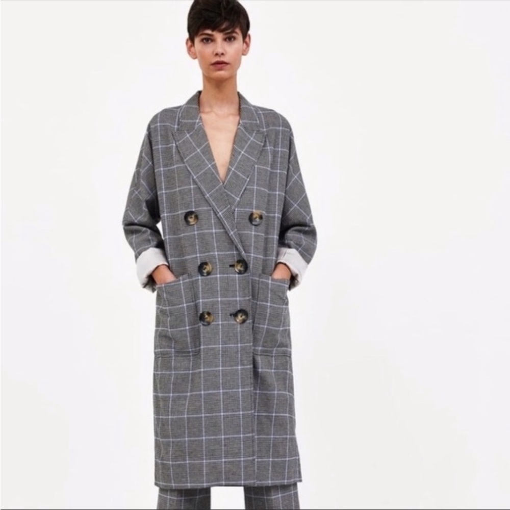 New Zara Double Breasted Long Checked Blazer Coat